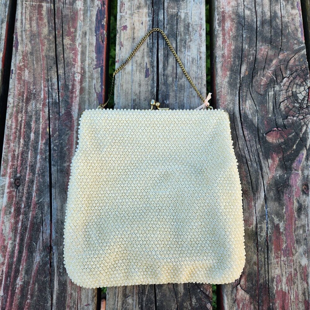 Vtg Corde Bead Purse Ivory Ecru Gold Chain
